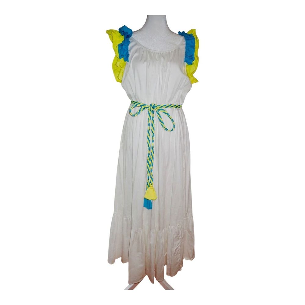 Alden Adair Lilah Dress S White Ruffle Sleeve Maxi Tie Waist Belted Cotton Boho